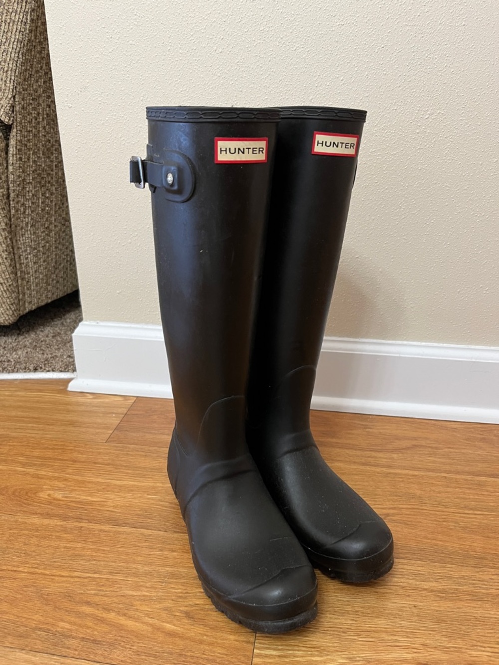 Hunter Black Knee-High Rubber Boots with Red Logo